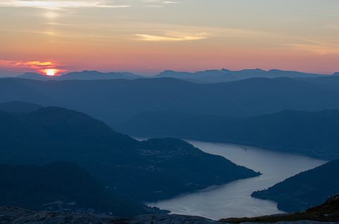 Sunset at Førdefjorden in Norrway. Photo.