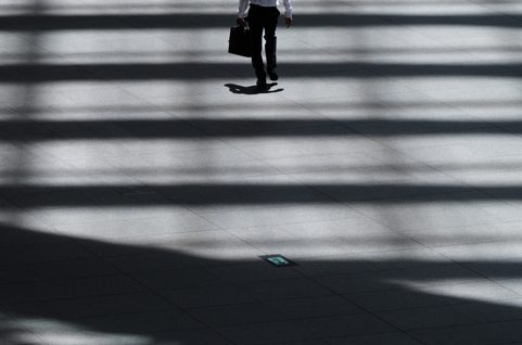 Man walking up stairs