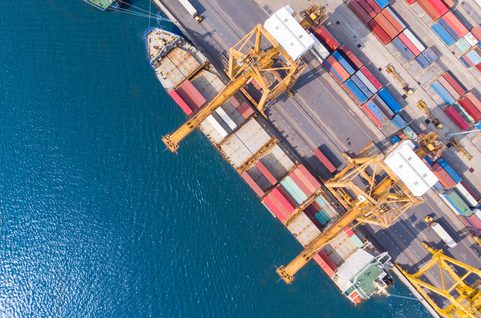 Docked container ship.